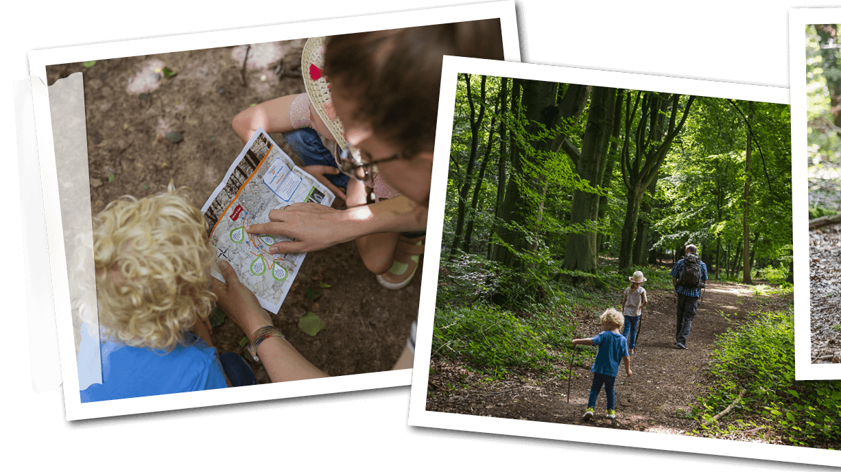 Zu sehen sind Bilder ist eine vierteilige Collage, welche Bilder eines Ausflugs einer Familie zum Köllbachtal zeigt. 