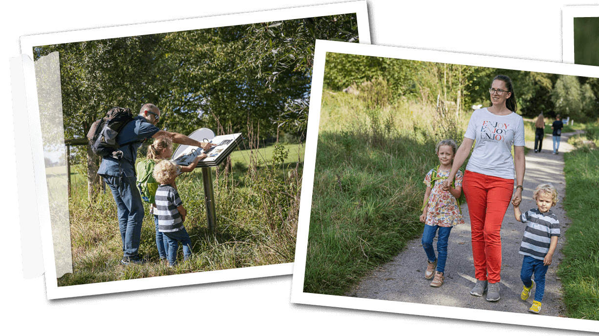 Zu sehen sind Bilder ist eine vierteilige Collage, welche Bilder eines Ausflugs einer Familie nach Monheim zeigt. 