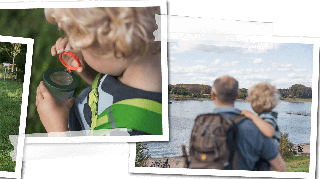 Zu sehen sind Bilder ist eine vierteilige Collage, welche Bilder eines Ausflugs einer Familie nach Monheim zeigt. 