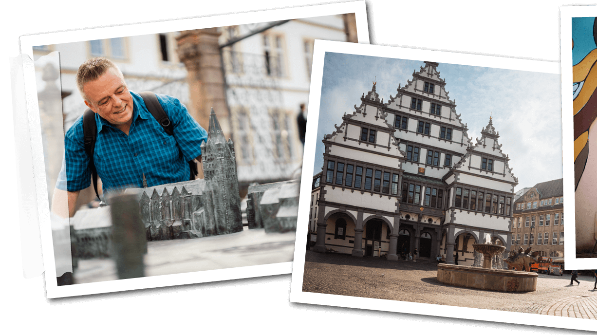 Zu sehen ist eine Collage welche Highlights eines Aufluges zum Wanderweg Paderborn zeigt. 