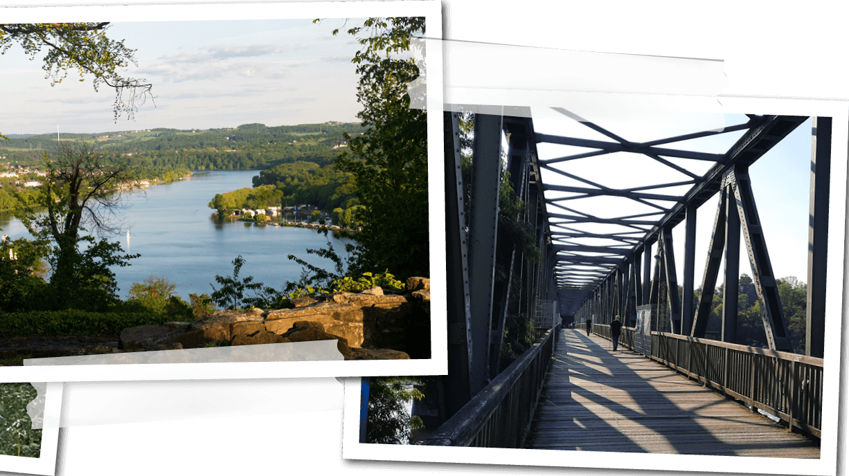 Zu sehen ist eine Collage mit vier Bildern welche die Hightlights der Tour zum Deilbachsteig dokumentieren. 