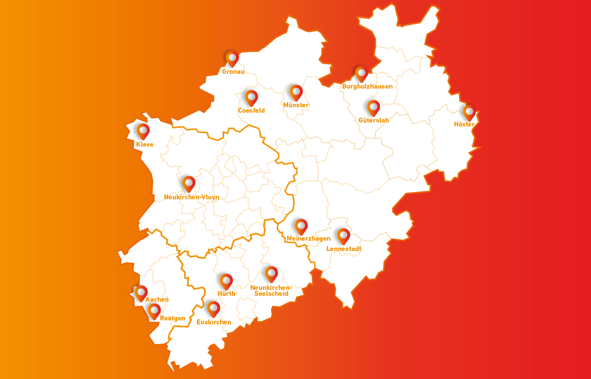 NRW-Karte mit Verortungspins in 15 Städten.