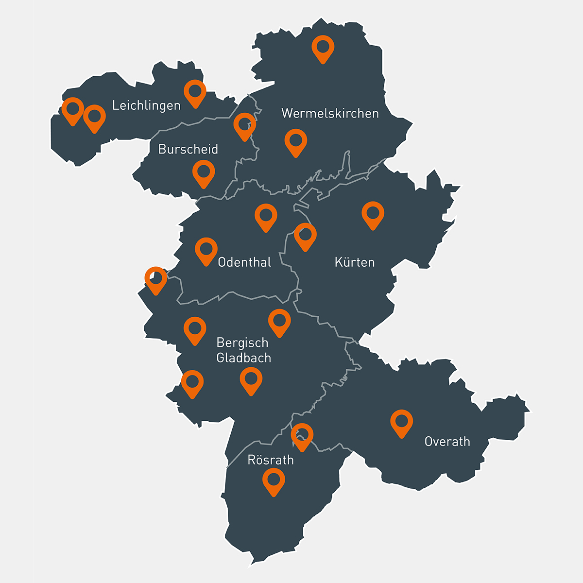 Übersichtskarte des Rheinisch-Bergischen-Kreises, auf der mit orangenen Pins die 19 Mobilstationen markiert sind.