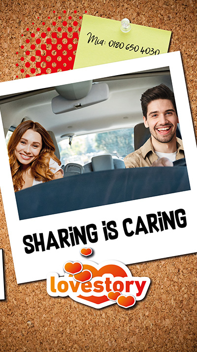 Polaroid von Mia und Elias im Auto, darunter steht Sharing is caring.