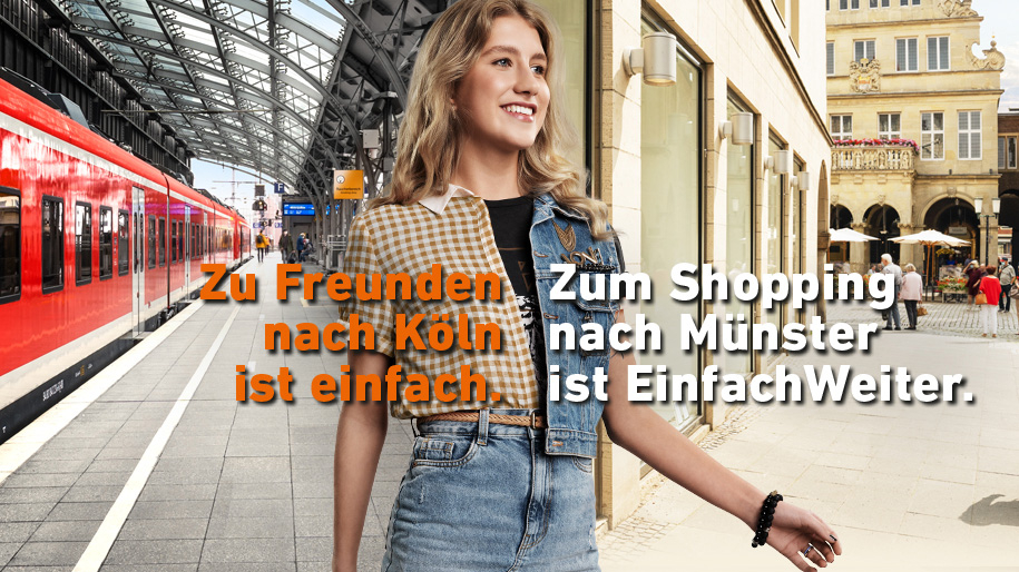 Ein zweigeteiltes Bild, links ist ein Bahnsteig mit einem roten Zug zu sehen, rechts die Altstadt von Münster, in der Mitte steht eine Schülerin. Auf dem Bild steht der Text: Zu Freunden nach Köln ist einfach. Zum Shopping nach Münster ist EinfachWeiter.