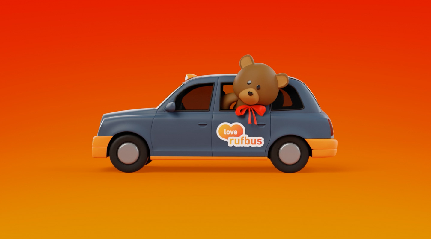 3D-Grafik eines Teddybären, der seinen Kopf aus dem Rückfenster eines Autos streckt.