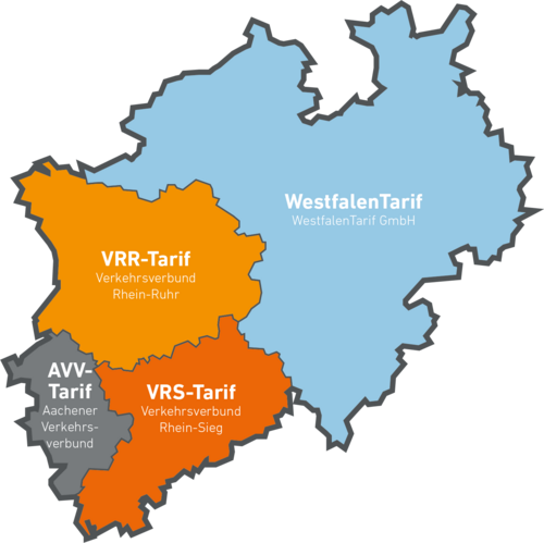 Übersichtskarte, die die vier Tarifgebiete in NRW in unterschiedlichen Farben zeigt.
