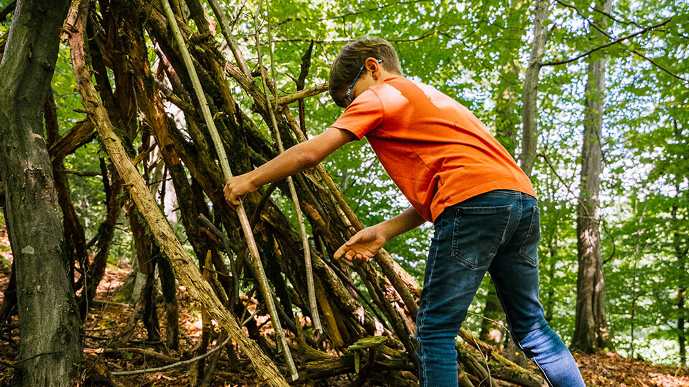 Zu sehen ist ein Kind, welches in einem Wald versucht eine Höhle zu bauen.