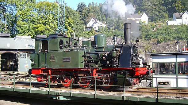 Ansicht der historischen Dampflokomotive Waldbröl. Bergischer Löwe, Dieringhausen
