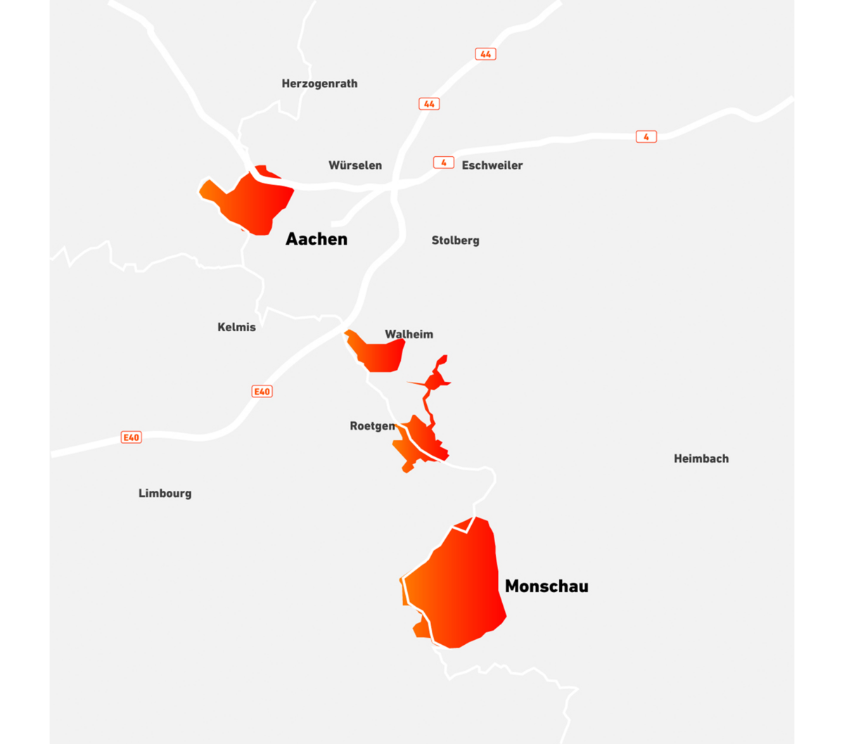 Eine Karte von Aachen und Umgebung, auf der vier Gebiete rot hervorgehoben sind: Aachener Süden, Aachener Norden, Roetgen, Monschau