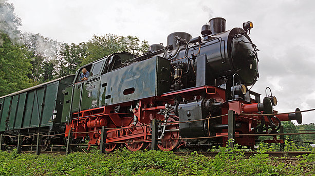 Ansicht der historischen Dampflokomotive Hespertalbahn in Essen. Hespertalbahn, Essen