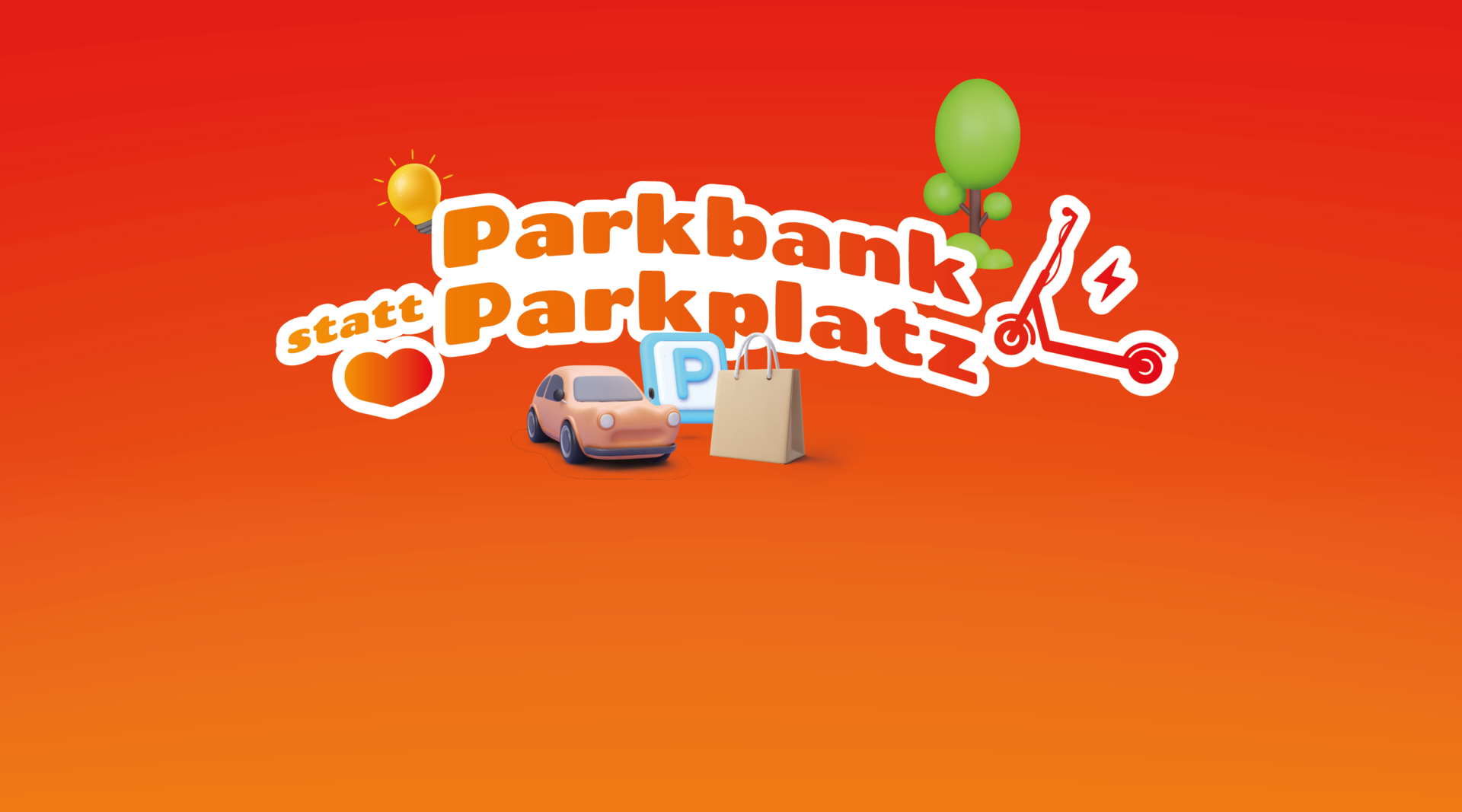 Grafik zum #mobilove-Fact Parkbank statt Parkplatz, rot-gelber Farbverlauf im Hintergrund, darauf verschiedene Symbole wie Autos und Bäume und der Schriftzug.