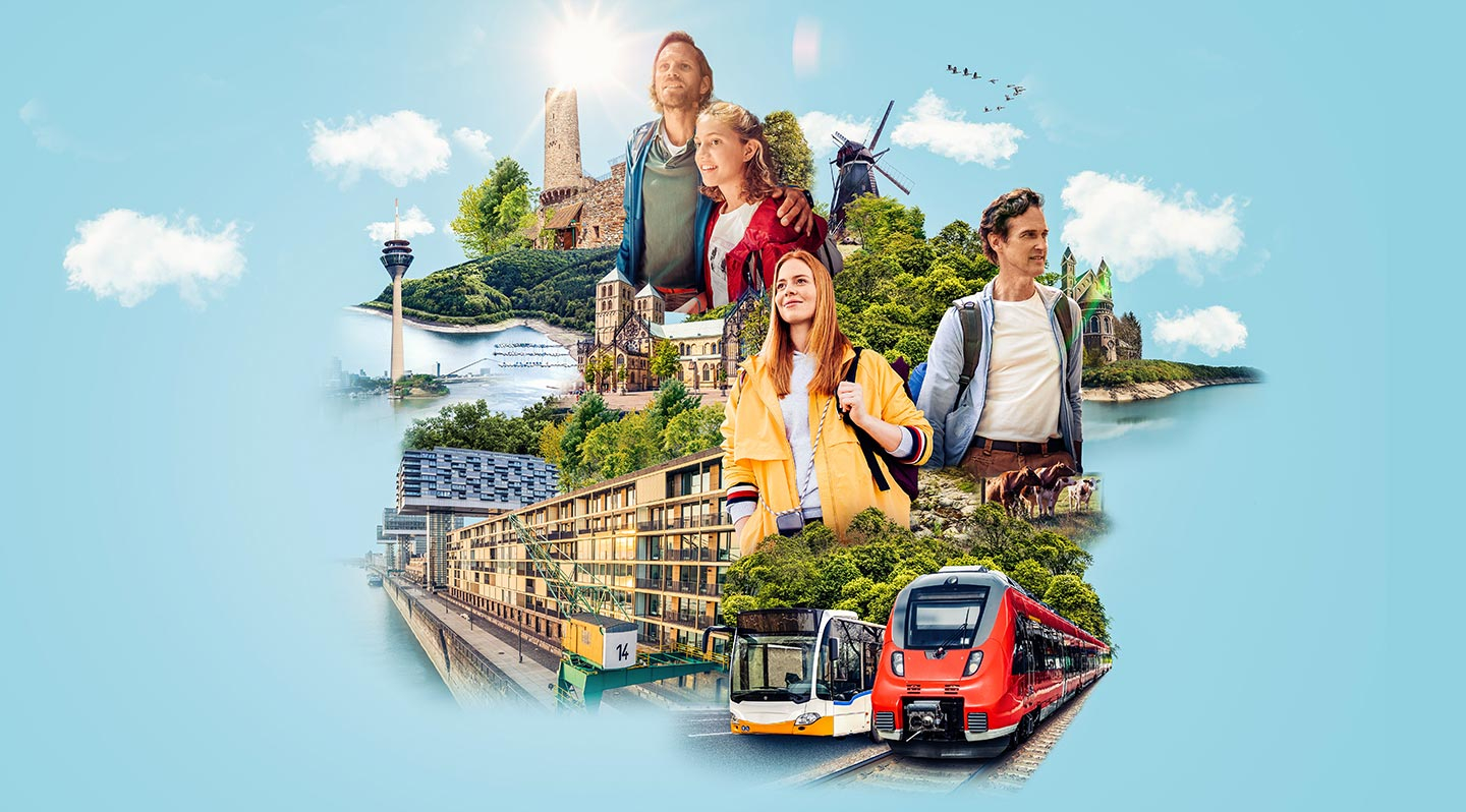 Eine Collage aus verschiedenen Sehenswürdigkeiten aus NRW und mehreren Wanderleuten.