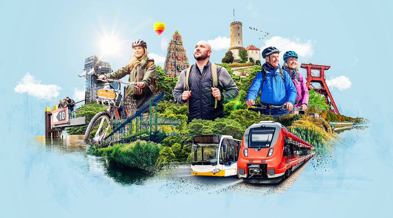 Eine Collage aus verschiedenen Sehenswürdigkeiten aus NRW und mehreren Wanderleuten.