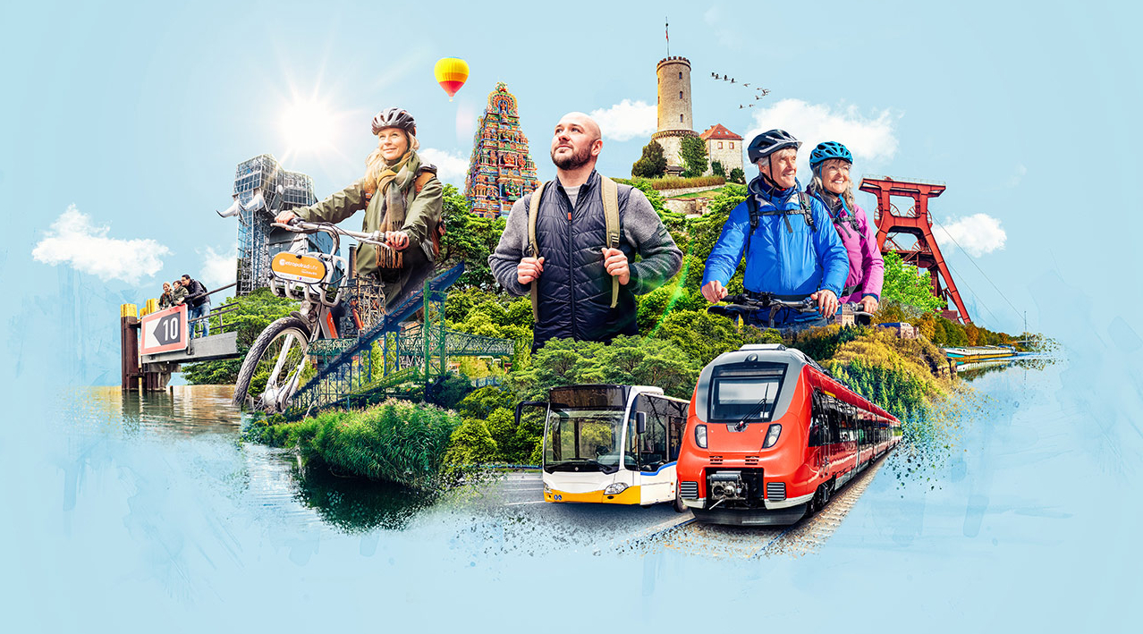 Eine Collage aus verschiedenen Sehenswürdigkeiten aus NRW und mehreren Wanderleuten.