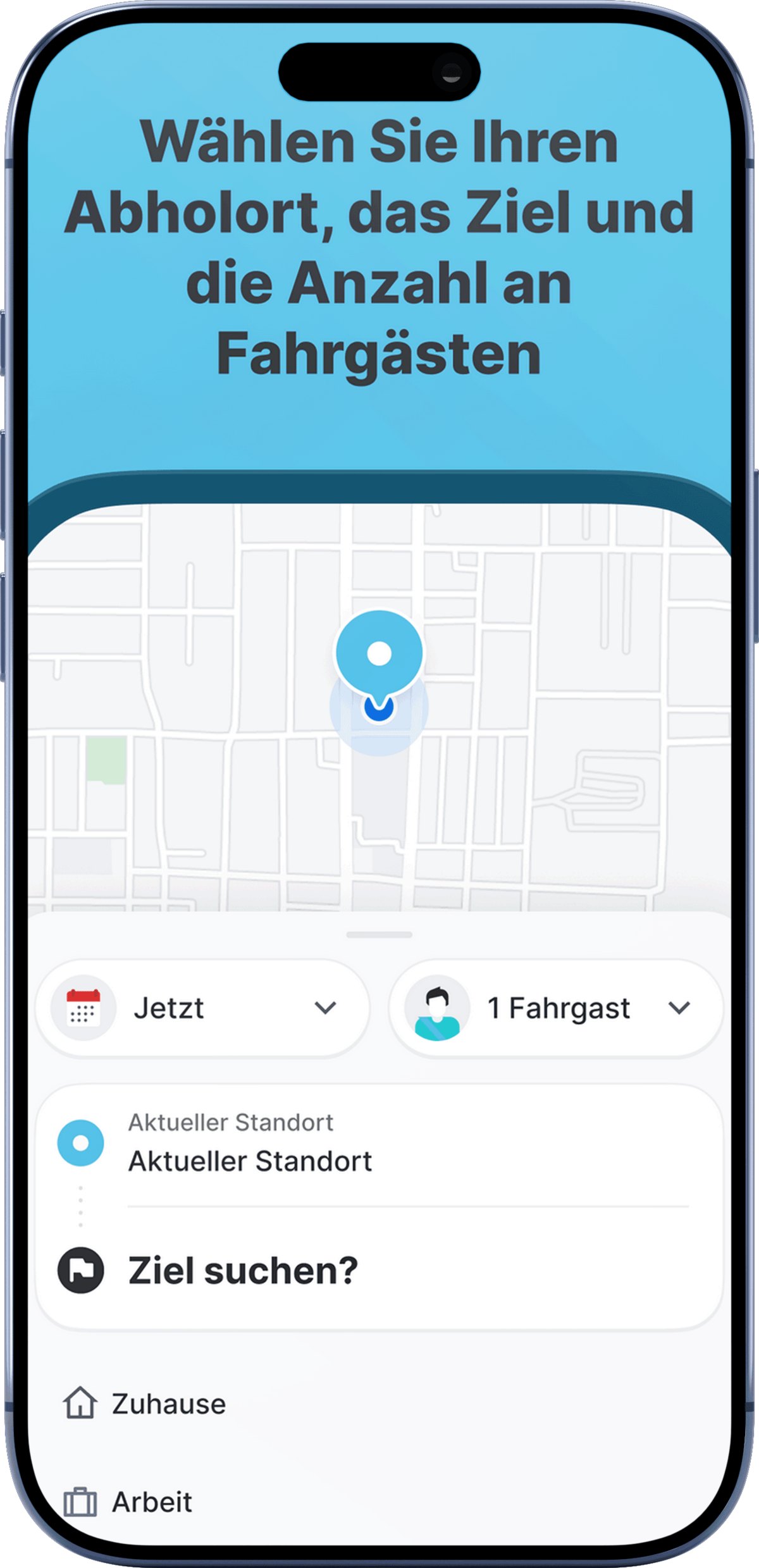 Mockup einer Smartphoneansicht des Startbildschirms in der rufmobil.nrw App