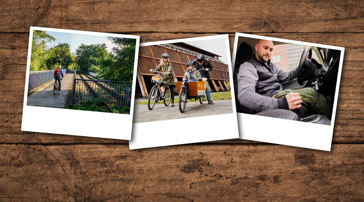 Eine Collage aus drei Bildern, auf denen unter anderem Fahrradfahrer im Grünen zu sehen sind.