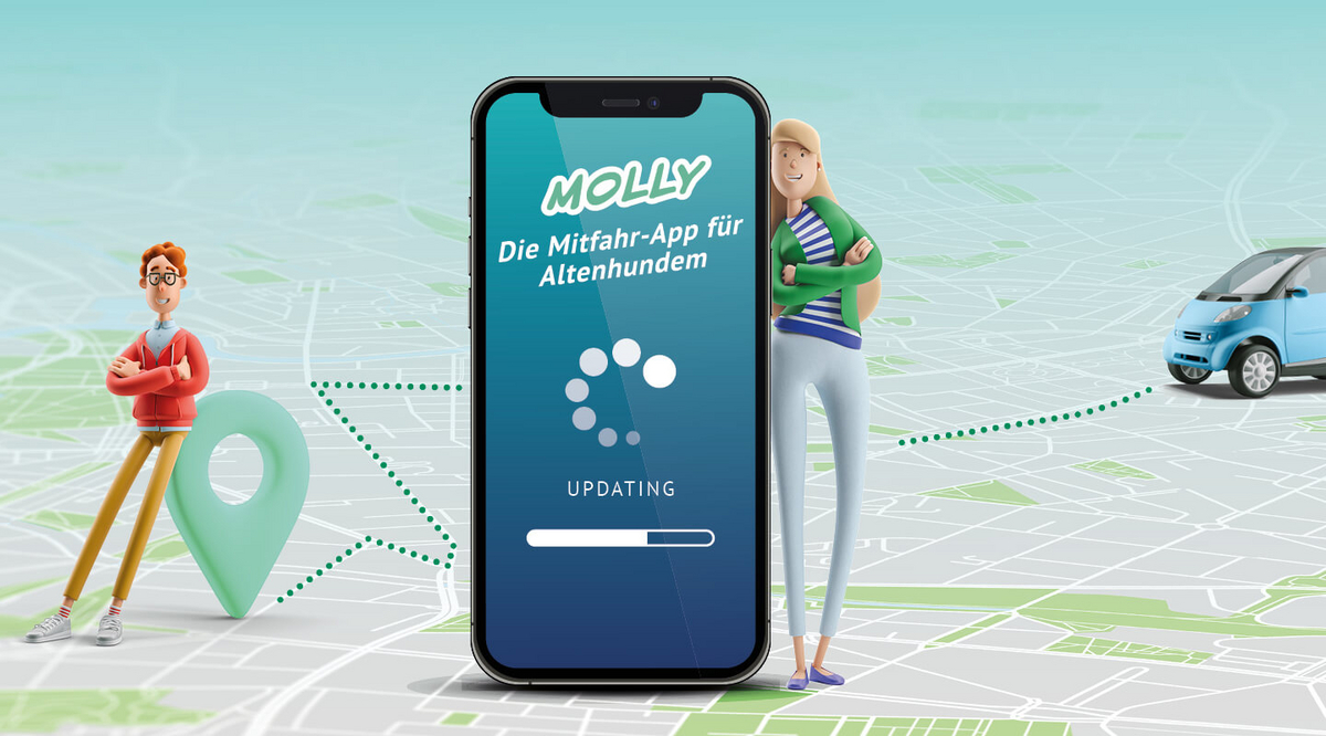 Grafische Darstellung eines Stadtplans, auf dem sich Figuren befinden. Zentral in der Mittel ist ein Smartphone zu sehen, auf dem die Molly-App ein Update vollzieht.