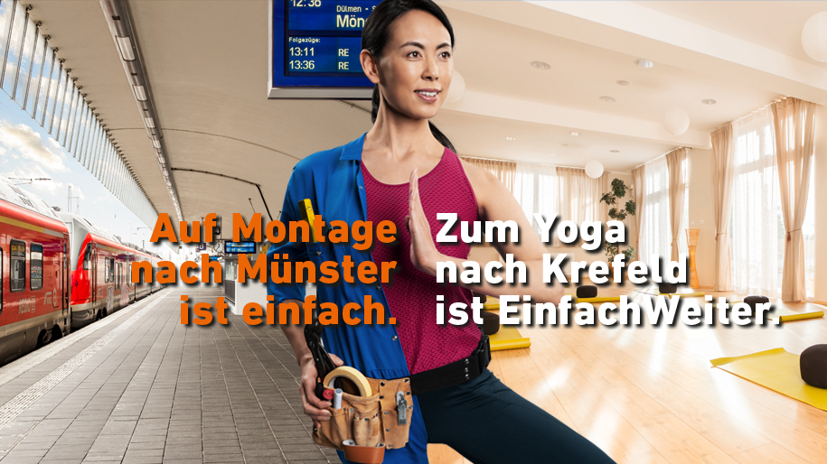 Ein zweigeteiltes Bild, links ist ein Bahnsteig mit einem roten Zug zu sehen, rechts ein Yogastudio, in der Mitte steht eine Frau. Auf dem Bild steht der Text: Auf Montage nach Münster ist einfach. Zum Yoga nach Krefeld ist EinfachWeiter.