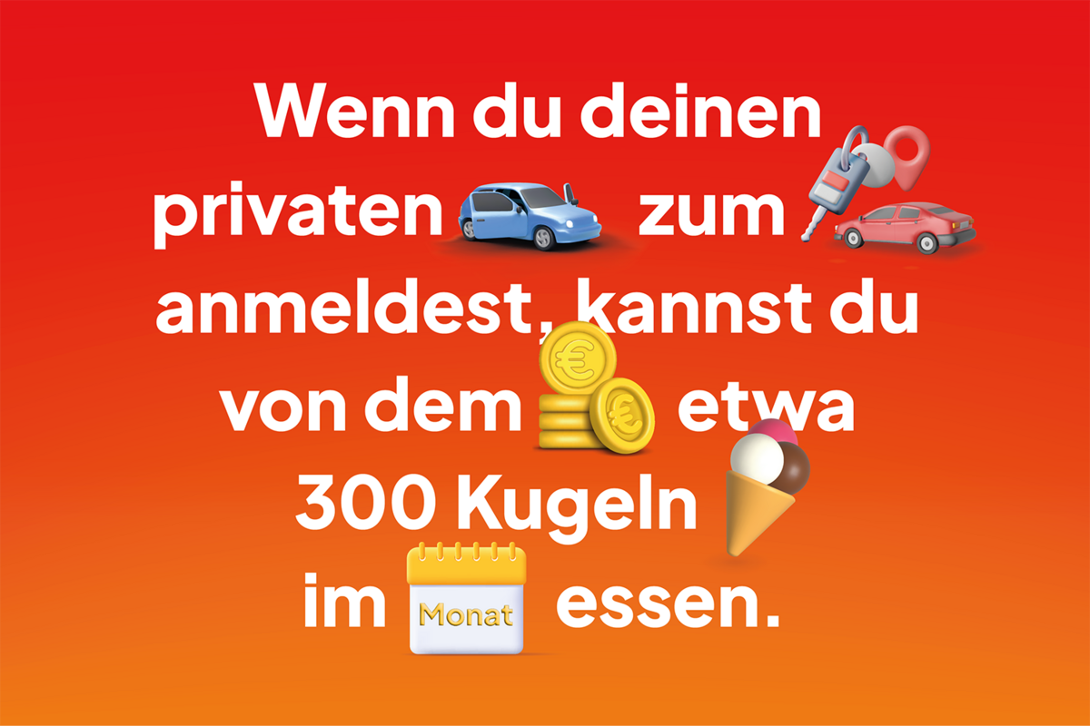 Text mit Emojis von Autos, Geld, Eis und Kalender