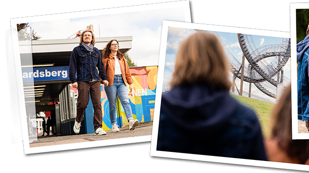 Vier Polaroidbilder, auf denen Nils und Isabell beim Wandern in Duisburg zu sehen sind.