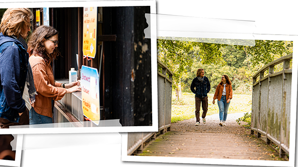 Vier Polaroidbilder, auf denen Nils und Isabell beim Wandern in Duisburg zu sehen sind.