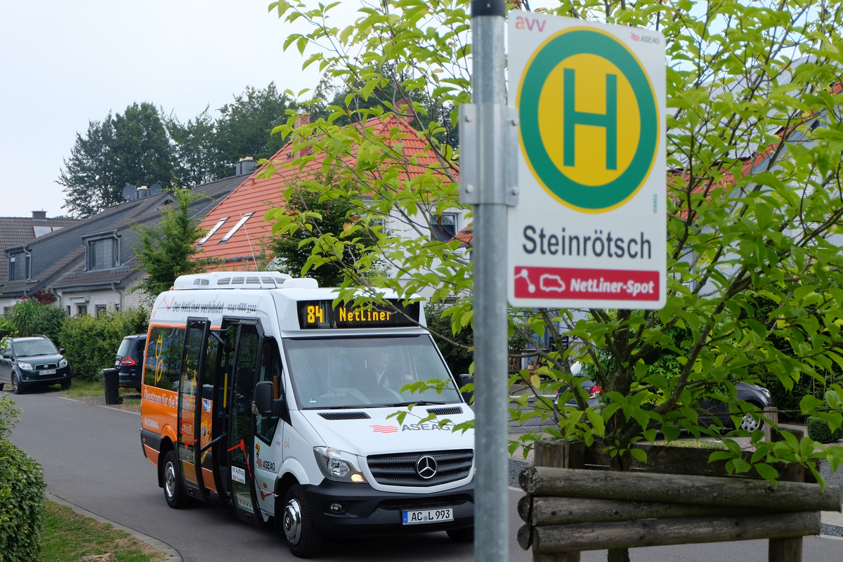 Ein orange-weißer Kleinbus steht auf einer Dorfstraße an einer Haltestelle unter Bäumen.