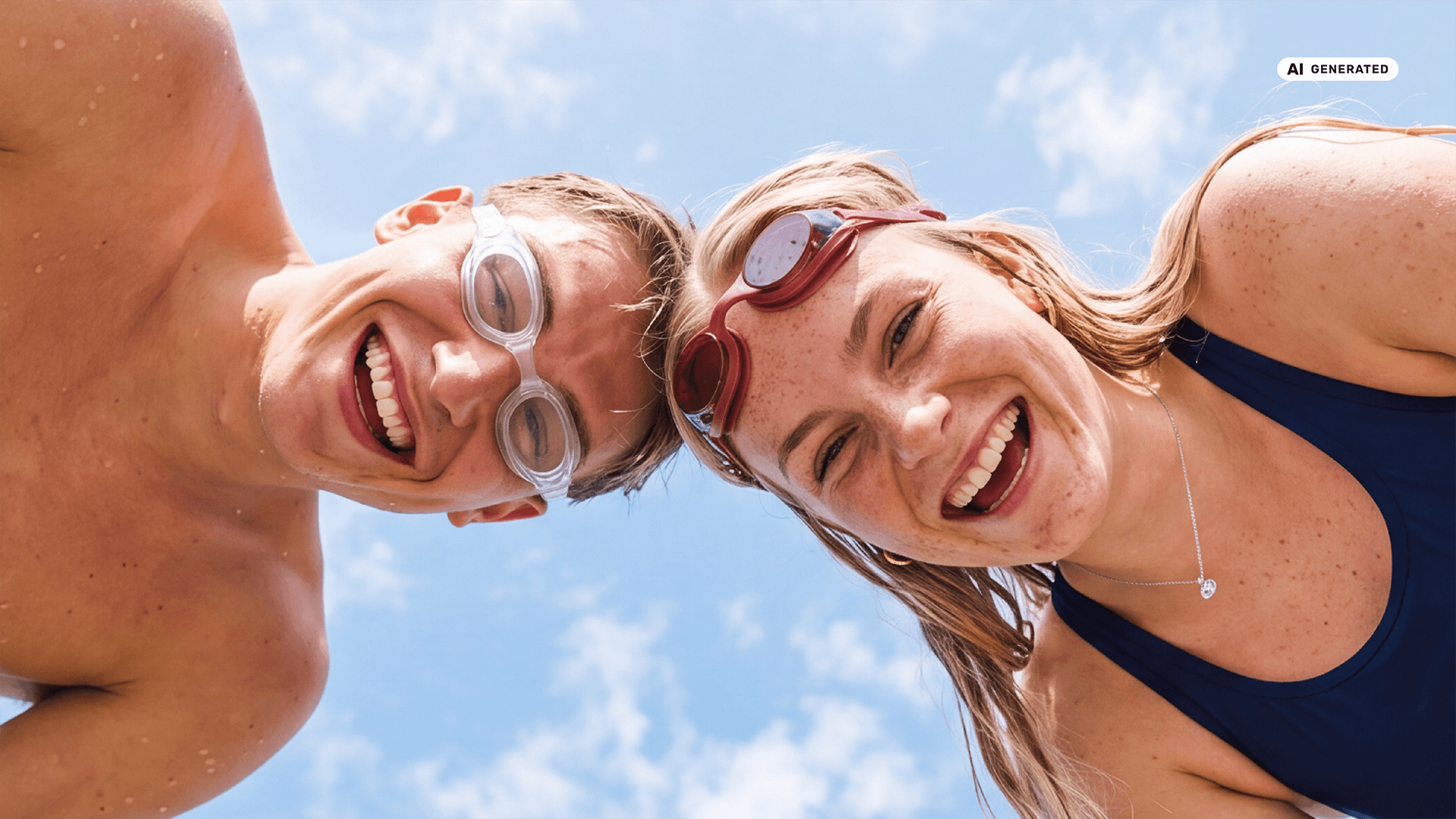 Vollständig KI-generiert: Ein junger Mann und eine junge Frau in Schwimmkleidung gucken von oben in die Kamera, blauer Himmel im Hintergrund