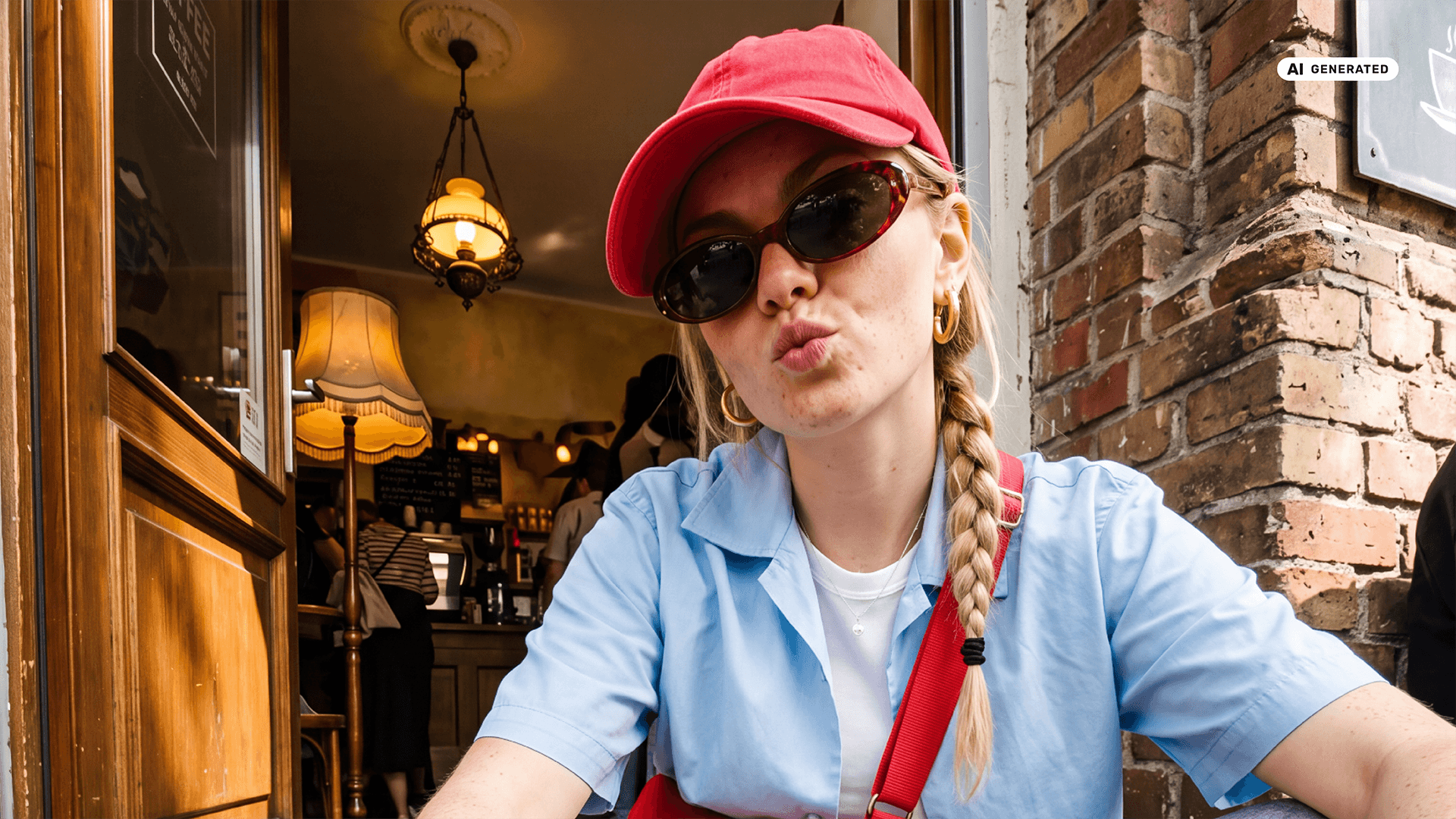 Vollständig KI-generiert: Eine junge Frau mit Sonnenbrille und Kappe guckt entspannt in die Kamera