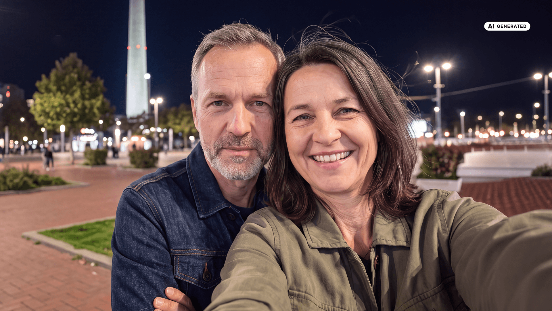 Vollständig KI-generiert: Ein Parr macht ein Selfie von sich, im Hintergrund eine urbane Landschaft