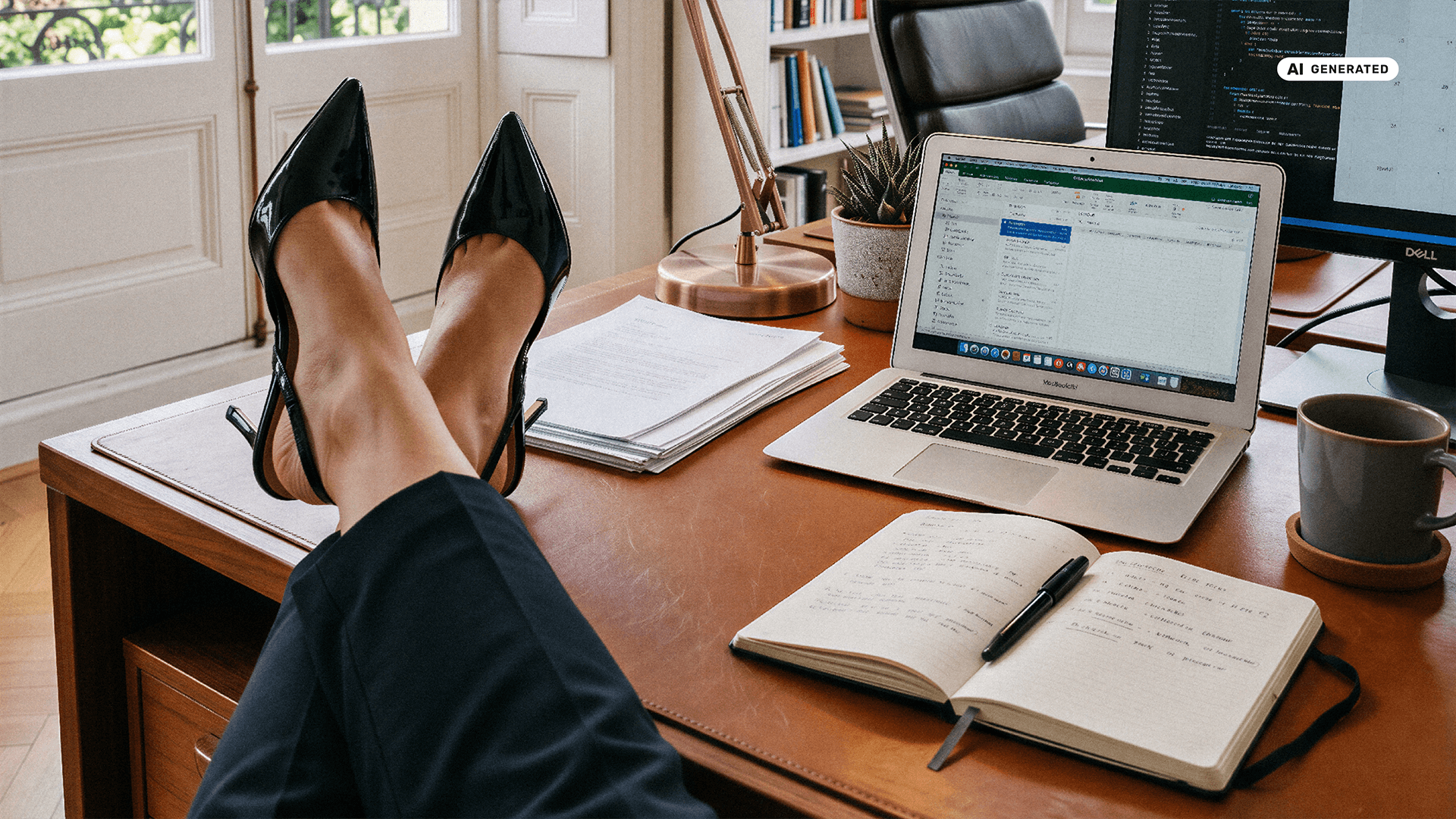 Vollständig KI-generiert: Eine Person hat ihre Beine auf dem Schreibtisch abgelegt, dort steht ein Laptop und verschiedene andere Büromaterialien